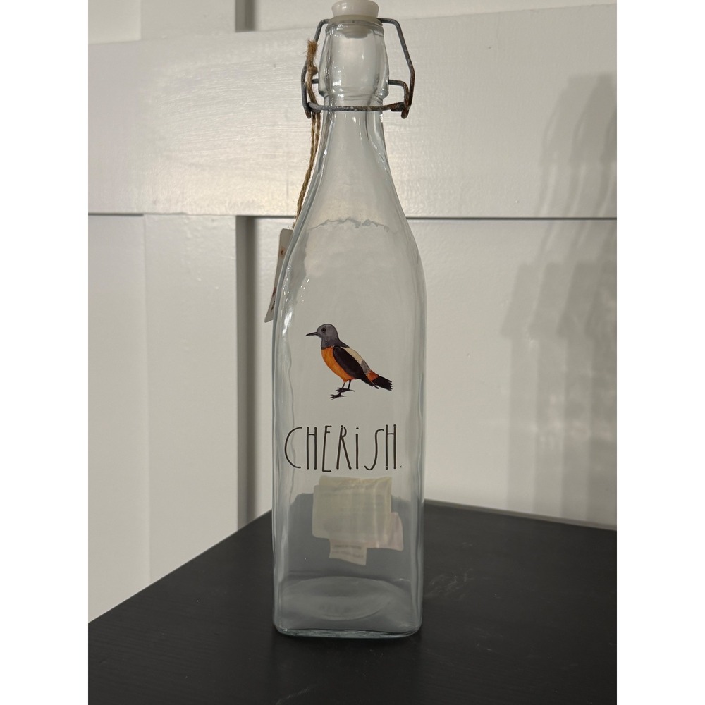 Rae Dunn Cherish Glass Bottle Bird Illustration Swing Top Farmhouse Decor Clear
